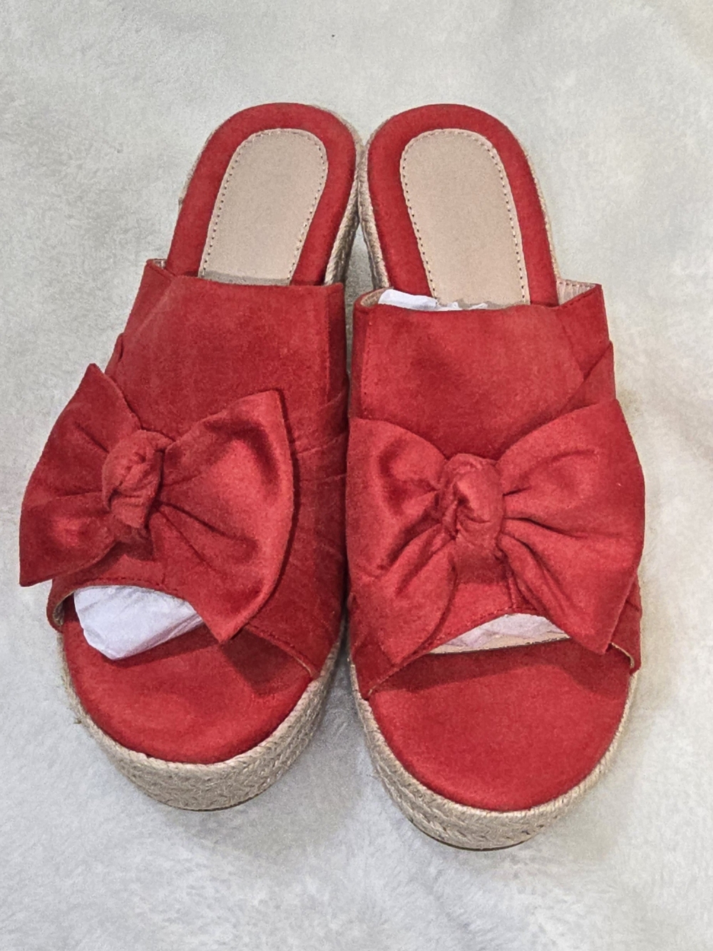 ZBY Red Faux Suede Espadrille Wedge Mules Bow Accent Platform Sandals Size 7.5